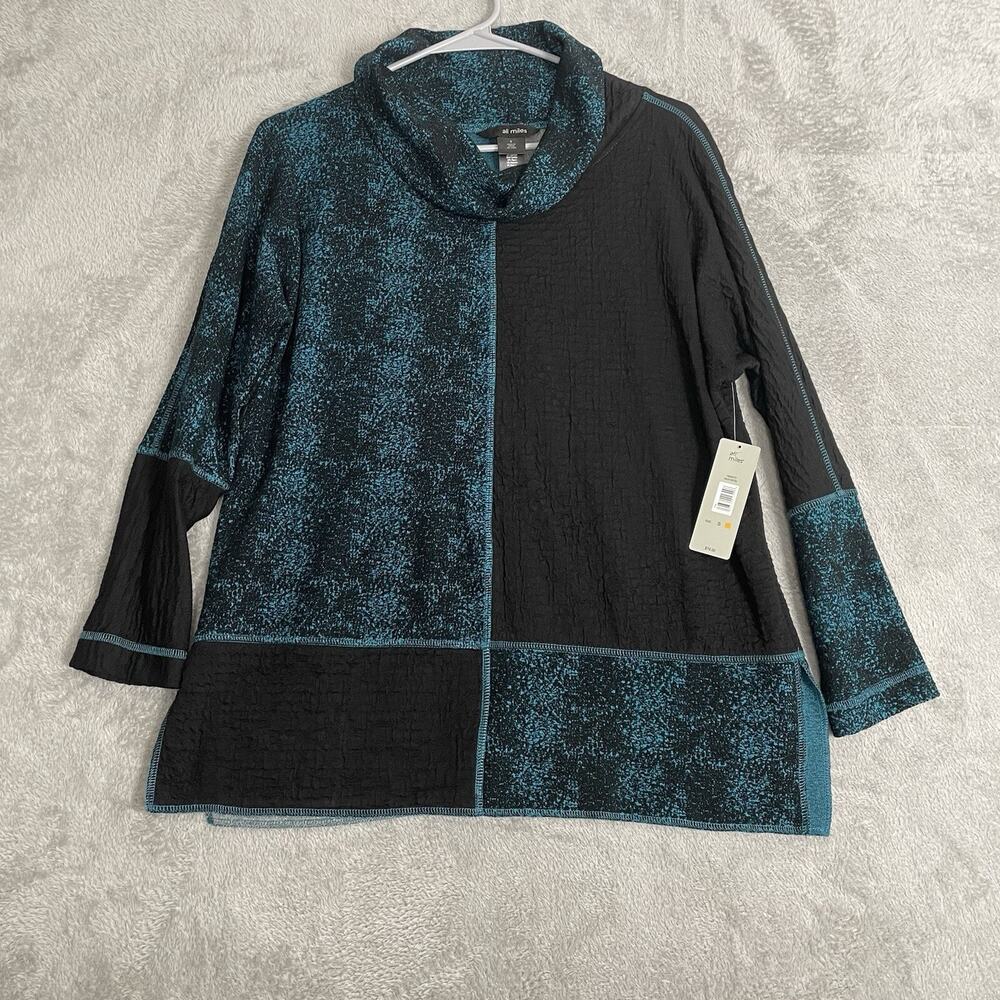 Ali Miles Top Women Small Green Black Cowl Neck Color Block Speckled Crinkle New